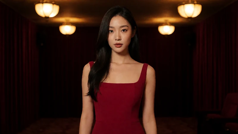 四虎影院港产成人电影片单主题图：虚构成年女子穿红色时装在深色影院大厅近景出镜