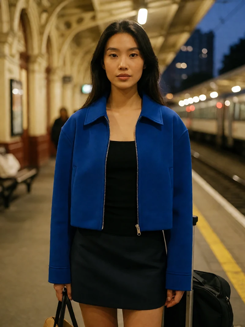 《一路向西》都市旅途主题示意图：虚构成年女子穿蓝色短外套站在夜晚车站，并非影片剧照